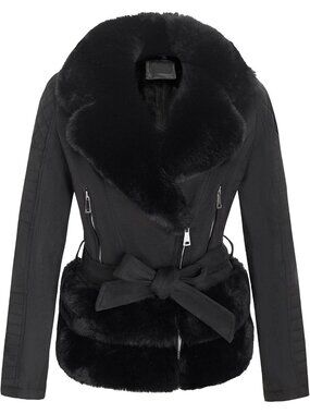 Womens Black Polyester Faux Motorcycle Stylish Removable Fur Collar Jacket
